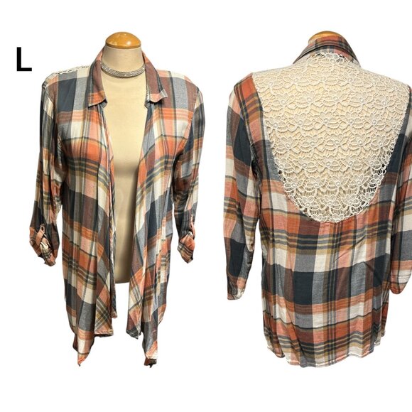 NATURAL REFLECTIONS Open Cardigan Sz L Coral Plaid Check Waterfall Lace Back - Picture 1 of 11